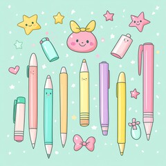 A cute and colorful collection of kawaii stationery items
