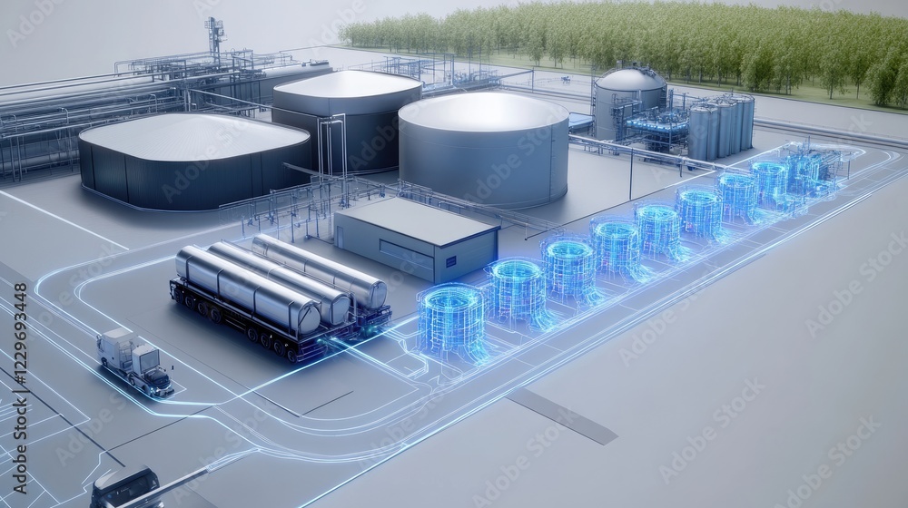 Poster a futuristic energy supply chain with interconnected smart systems, ai-driven monitoring, and high-t