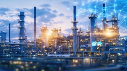 A futuristic industrial background with glowing blue data streams, digital interface overlays, and metallic surfaces.