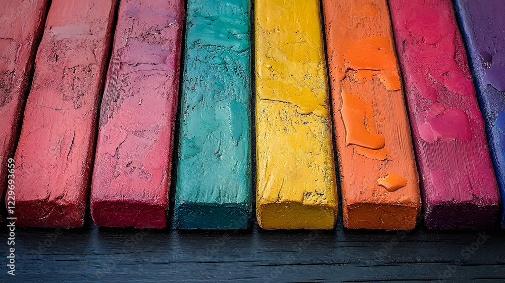 Poster Vibrant colored chalk pieces arranged in a neat row, showcasing a spectrum of colors with a slight sheen from moisture