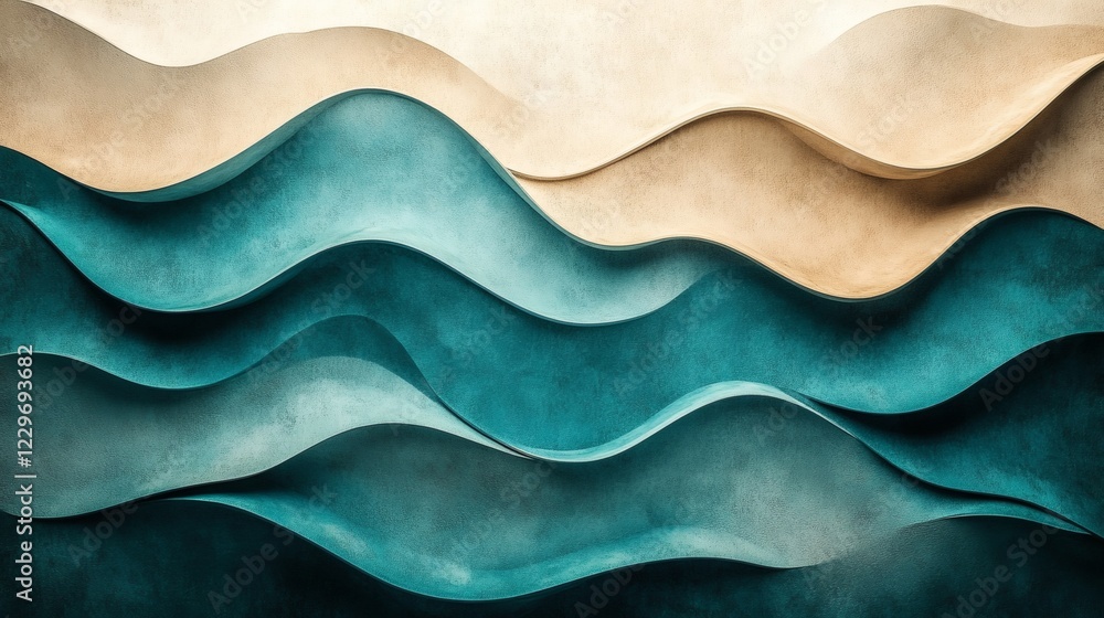 Poster flowing waves teal and warm beige with a grainy texture and noise effect creating a modern and styli