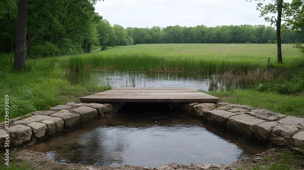 Poster a serene landscape featuring a wooden platform over calm water, surrounded by lush greenery and open