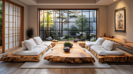 Cozy, modern living room with wooden furniture, soft cushions, and a view of a serene garden through large windows