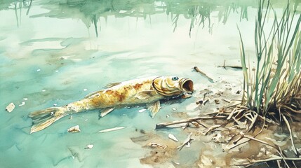 Fototapeta premium A captivating illustration depicts a dying fish on the shore of a serene water body, highlighting the impact of pollution and environmental degradation.