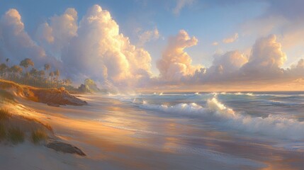 Serene Sunset Over Tropical Beach Golden Light, Rolling Waves, and Palm Trees