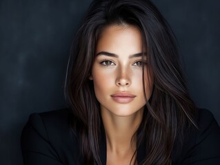 Fototapeta premium A woman with long dark hair and a black shirt