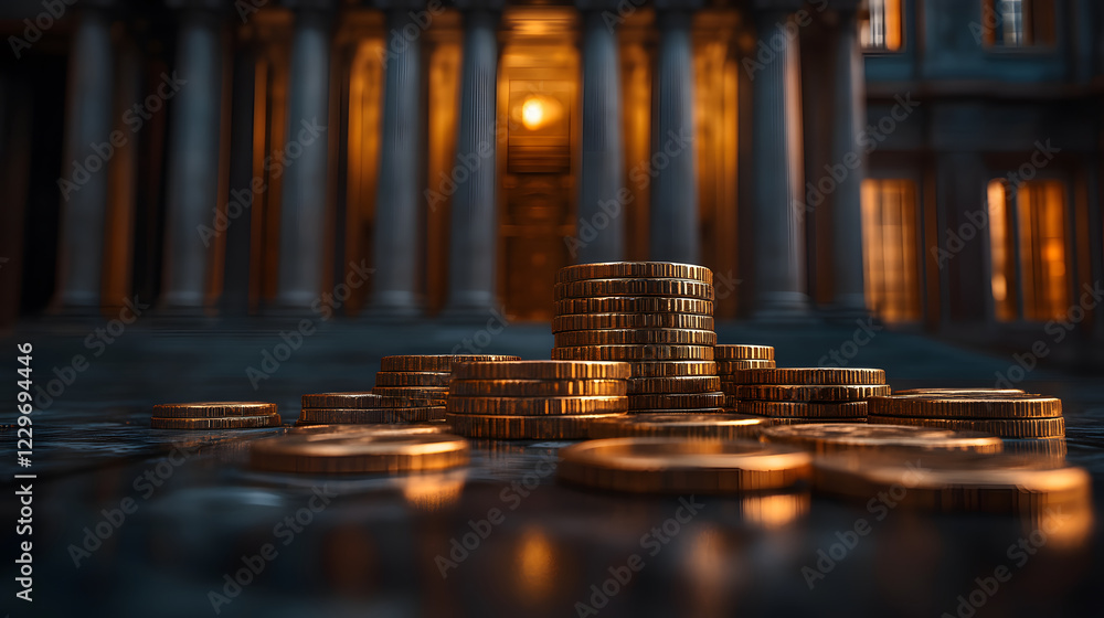 Poster stacks of golden coins glimmer in front of a classic building, symbolizing wealth and finance in a d