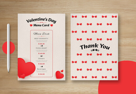 Valentine Day Dinner Menu Card