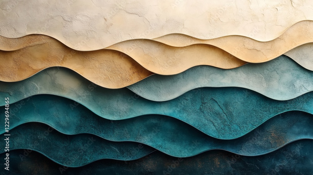 Poster flowing waves teal and warm beige with a grainy texture and noise effect creating a modern and styli