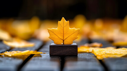A vibrant yellow leaf rests on a wooden surface, surrounded by scattered leaves, capturing the essence of autumn beauty
