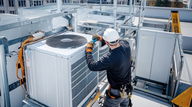 A detailed view of an HVAC technician installing air conditioning units on a commercial building rooftop, Commercial HVAC installation scene, Technical and precise style
