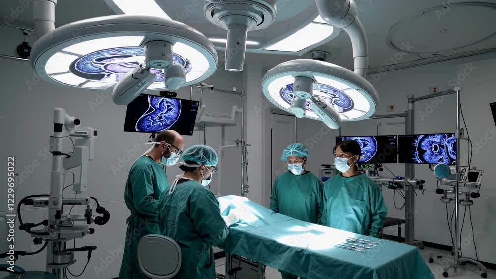 Poster medical team performing a complex surgery in a high-tech operating room with advanced vfx and hud el