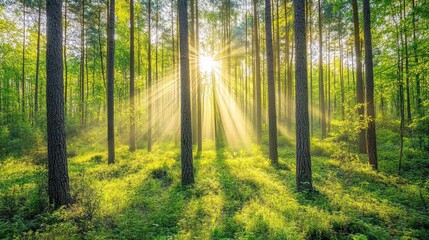 Obraz premium A lush, vibrant rainforest with tall trees and dense greenery, with soft rays of sunlight filtering through the canopy.