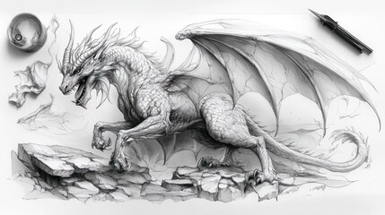 Detailed pencil sketch of a majestic dragon perched on rocks, with artistic tools nearby.