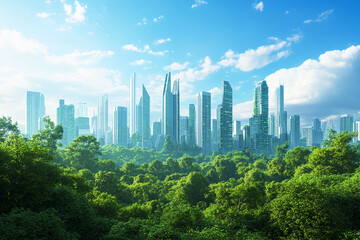 Fototapeta premium View of a modern city skyline with tall skyscrapers rising above lush greenery, symbolizing the coexistence of nature and urban life in a bright, sunny environment.