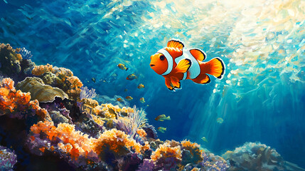 Fototapeta premium An artistic shot of a clownfish gliding through under water ai generated