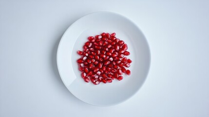 A minimalist plate of fresh pomegranate seeds, neatly arranged in a simple pattern on a plain white ceramic plate, Pomegranate seeds centered