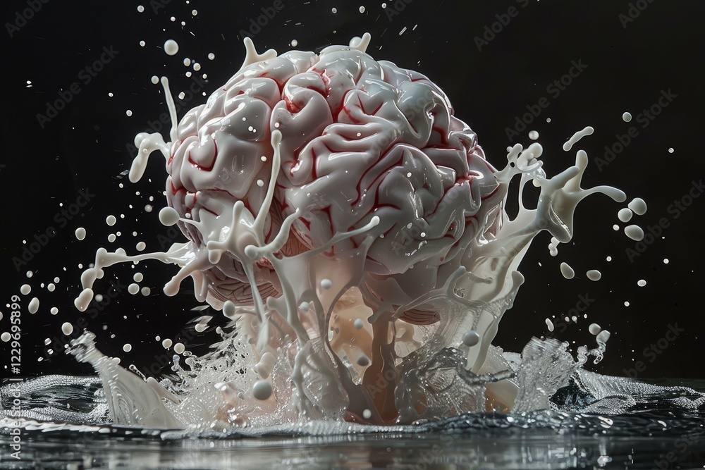 Poster artificial brain splashing and creating a big splash with white liquid on a black background