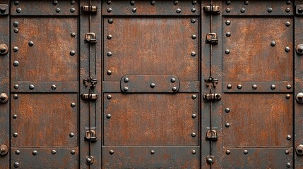 Fototapeta premium A metal surface with brown rust and visible oxidation marks, offering a rough, weathered look for industrial-themed background designs