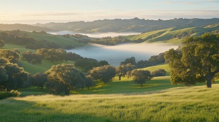 Obraz premium A misty morning landscape, with soft fog rolling over rolling hills and a soft golden light filtering through the atmosphere.