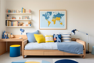 Modern cozy minimalist children's room featuring a cozy bed and comfort study Area	