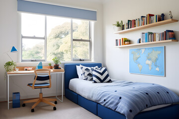 Modern cozy minimalist children's room featuring a cozy bed and comfort study Area	