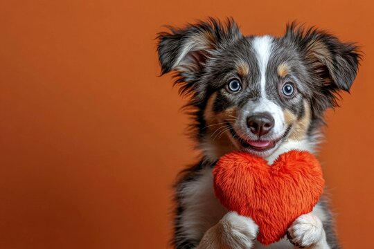 Cute australian shepherd dog with fluffy red heart - emblem of love, funny greeting card. Australian shepherd - my desired dog. Commercial creative graphic. Valentine's animals. Love and care.