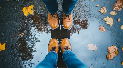 Autumnal Reflection: Pair of Boots in a Puddle