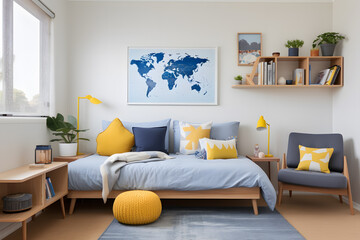 Modern cozy minimalist children's room featuring a cozy bed and comfort study Area	