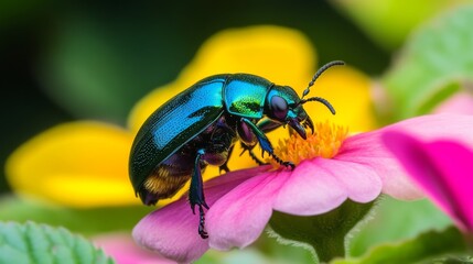 Fototapeta premium Vibrant Metallic Beetle on a Delicate Flower