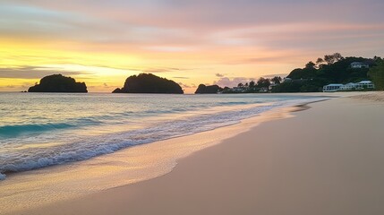 A picturesque beach at dawn, with soft pastel colors in the sky, and calm waves gently reaching the shore.