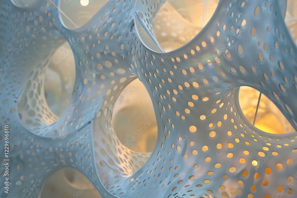 Poster perforated white material forms an abstract architectural detail, creating an intriguing, futuristic