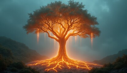 "A majestic tree glows with fiery veins of molten energy, its roots pulsing with radiant light. Suspended sparks cascade from its branches, illuminating the misty twilight with an ethereal glow."




