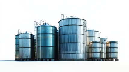 Fototapeta premium Multiple industrial water tanks in various sizes and shapes, aligned neatly on a clean white background, commercial product shot.
