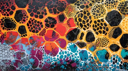 Colorful abstract painting with a variety of shapes and textures.