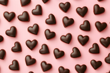 Heart-shaped chocolates on a pink background, Valentine's Day concept, close up of chocolate candies wallpaper