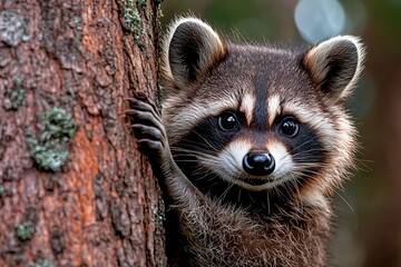 A raccoon peeking out from behind a tree trunk