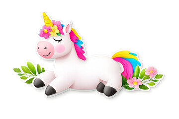 Cute cartoon unicorn with mane and horn illustration isolated on white background