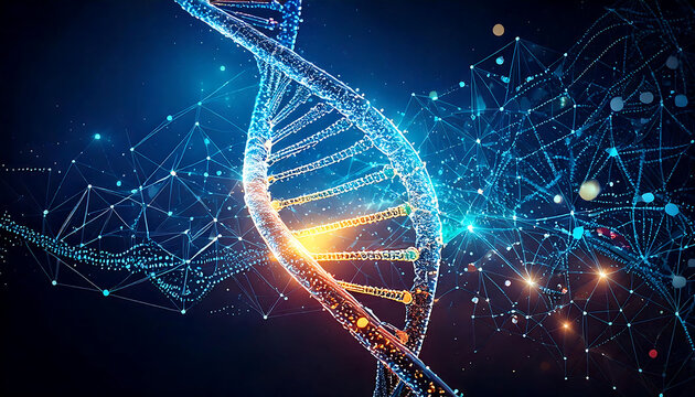 Stunning abstract image of a DNA strand interwoven with a complex network. Perfect for illustrating concepts of genetics, biotechnology, digital biology, or network connectivity.