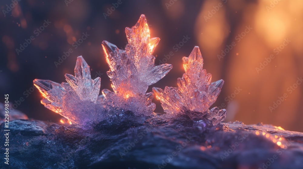 Poster a soft-focus view of sparkling crystal formations on a stone surface, illuminated by gentle light, c