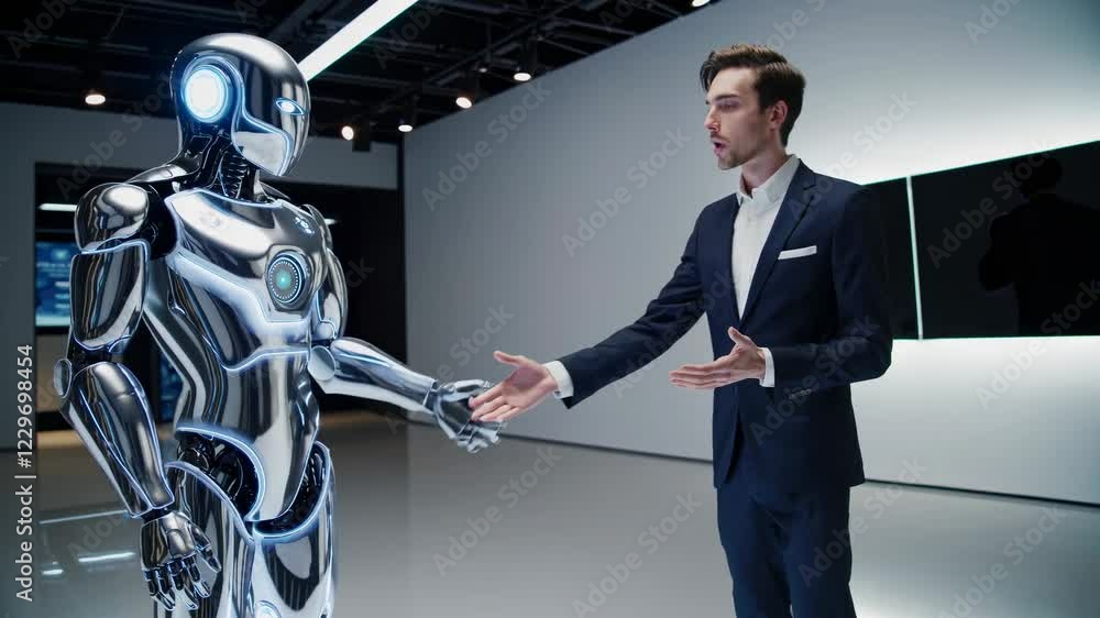 Aufkleber Futuristic interaction between humanoid robot and presenter in modern technology facility