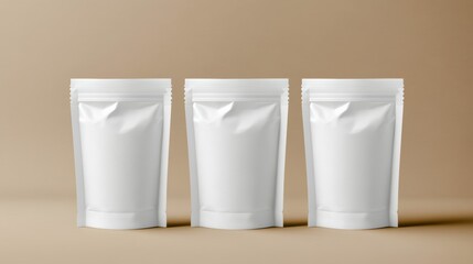 Three White Stand Up Pouches on Brown Background