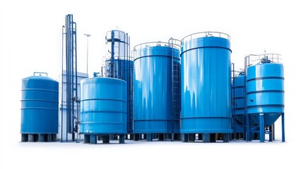 Obraz premium Multiple industrial water tanks in various sizes and shapes, aligned neatly on a clean white background, commercial product shot.