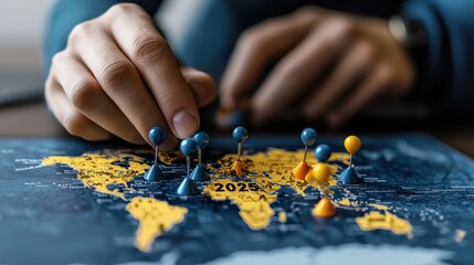 A person places markers on a world map, indicating locations, with the year 2022 visible, suggesting a planning or strategy session.