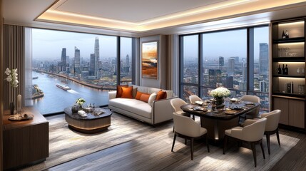 Luxurious apartment with panoramic city and river views, featuring modern furniture and hardwood floors.