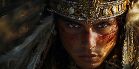 A dignified Native American chief in traditional feathered headdress, showcasing cultural pride and history. Perfect for educational or cultural themes.