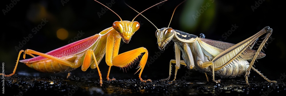 Poster praying mantis and grasshopper a contrast between predator and prey on black background