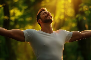 A man in his thirties, wearing black shorts and a white t-shirt, is standing on the hillside with open arms, smiling happily as he feels the freedom after running