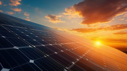 Solar panels installed on roof top on sunset sky background. Power plant using renewable solar energy with sun