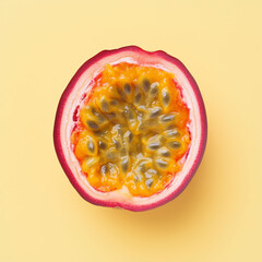 A halved passion fruit on yellow background